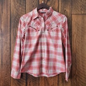 American Eagle y2k western plaid pearl snap medium yellow/pink